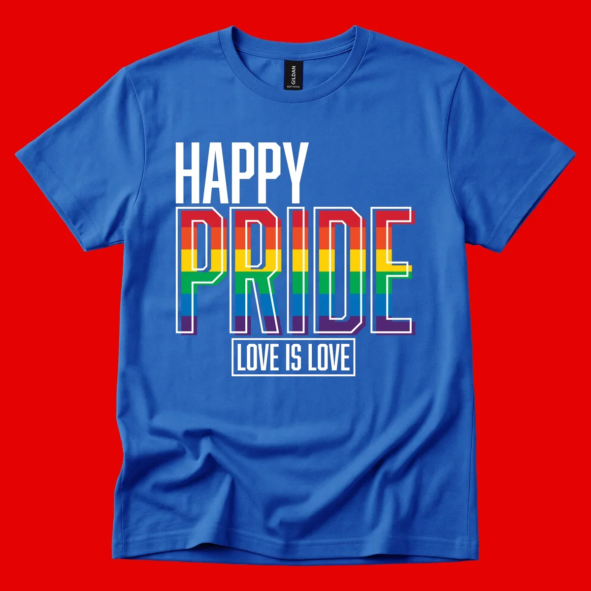 Happy Pride Love Is Love design featuring 3D rainbow block letters with pride flag colors on gray background