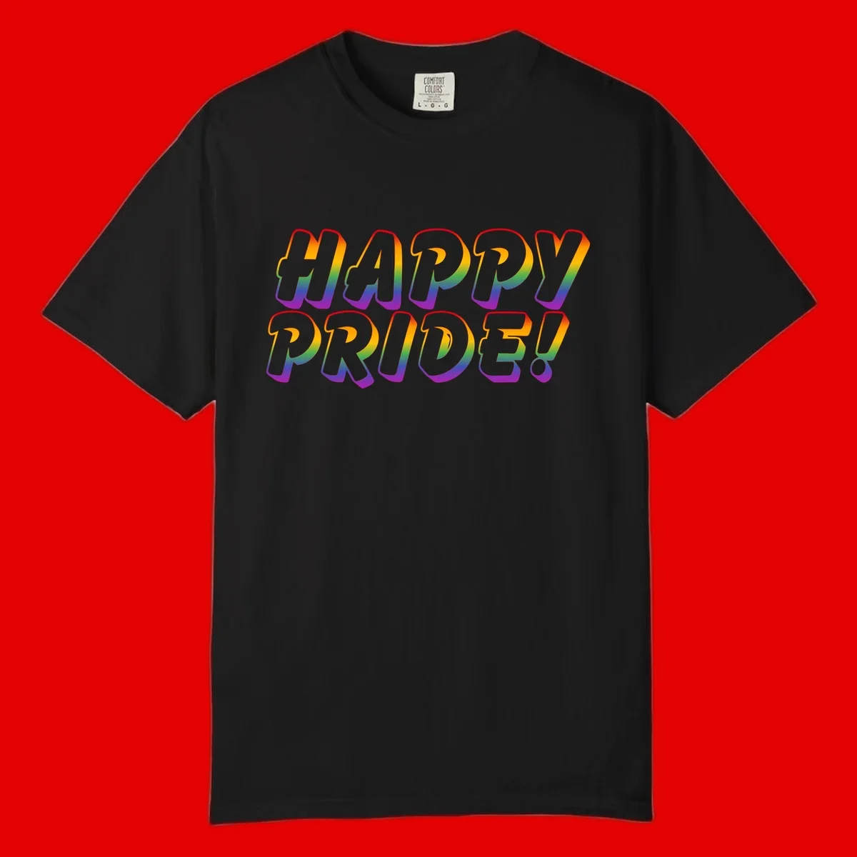 Happy pride rainbow text design with gradient colors transitioning from red to purple in bold typography