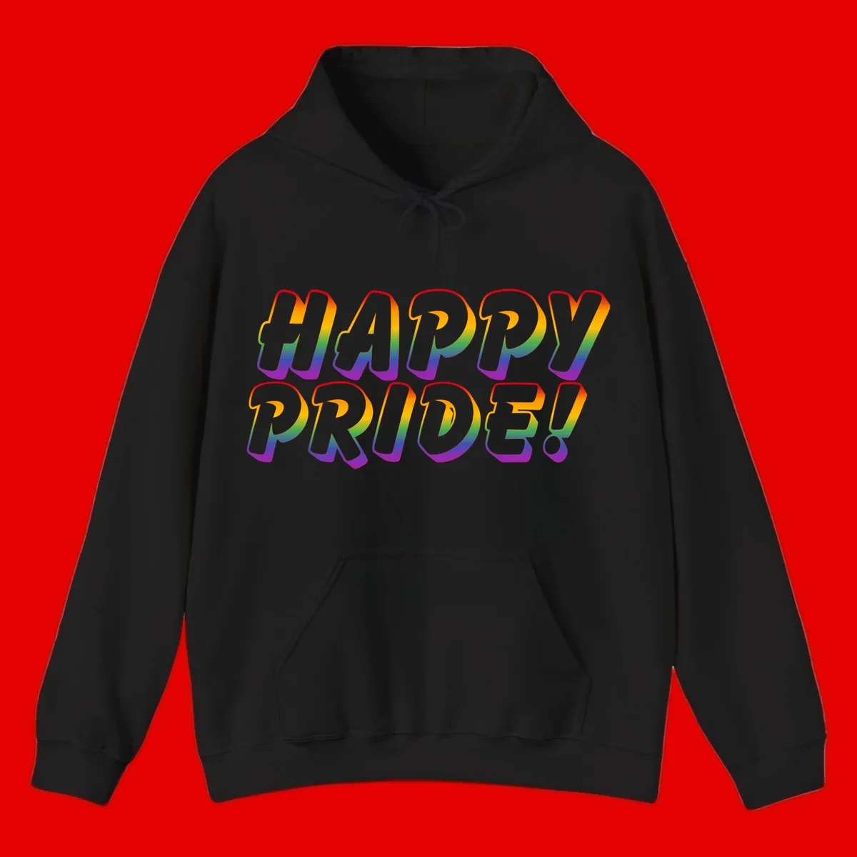 Happy pride rainbow text design with gradient colors transitioning from red to purple in bold typography