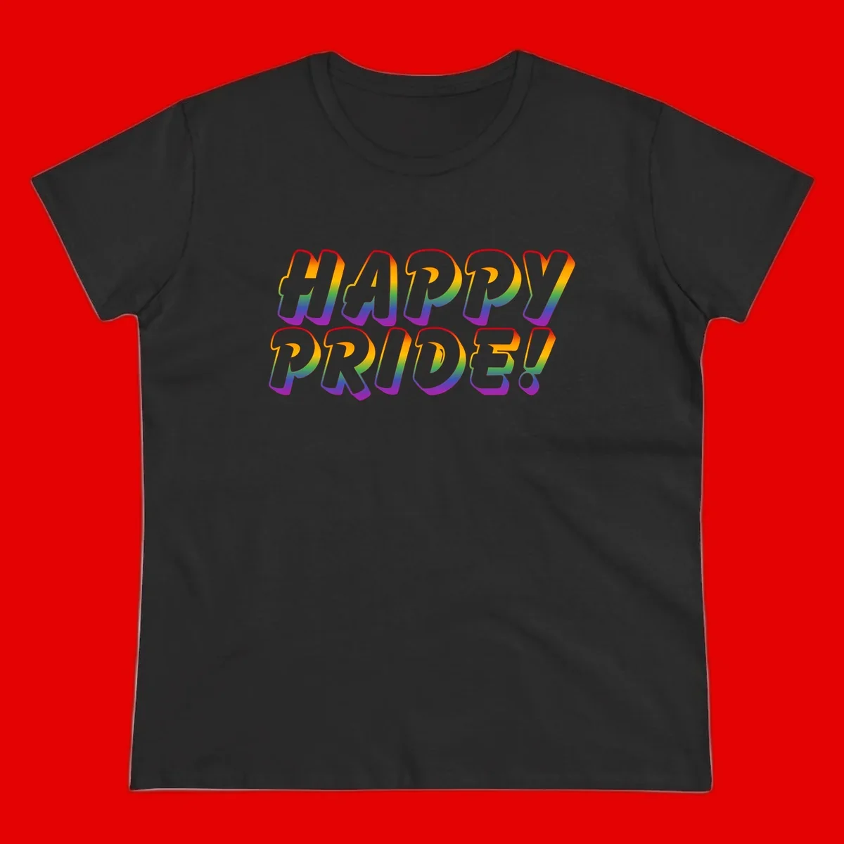 Happy pride rainbow text design with gradient colors transitioning from red to purple in bold typography