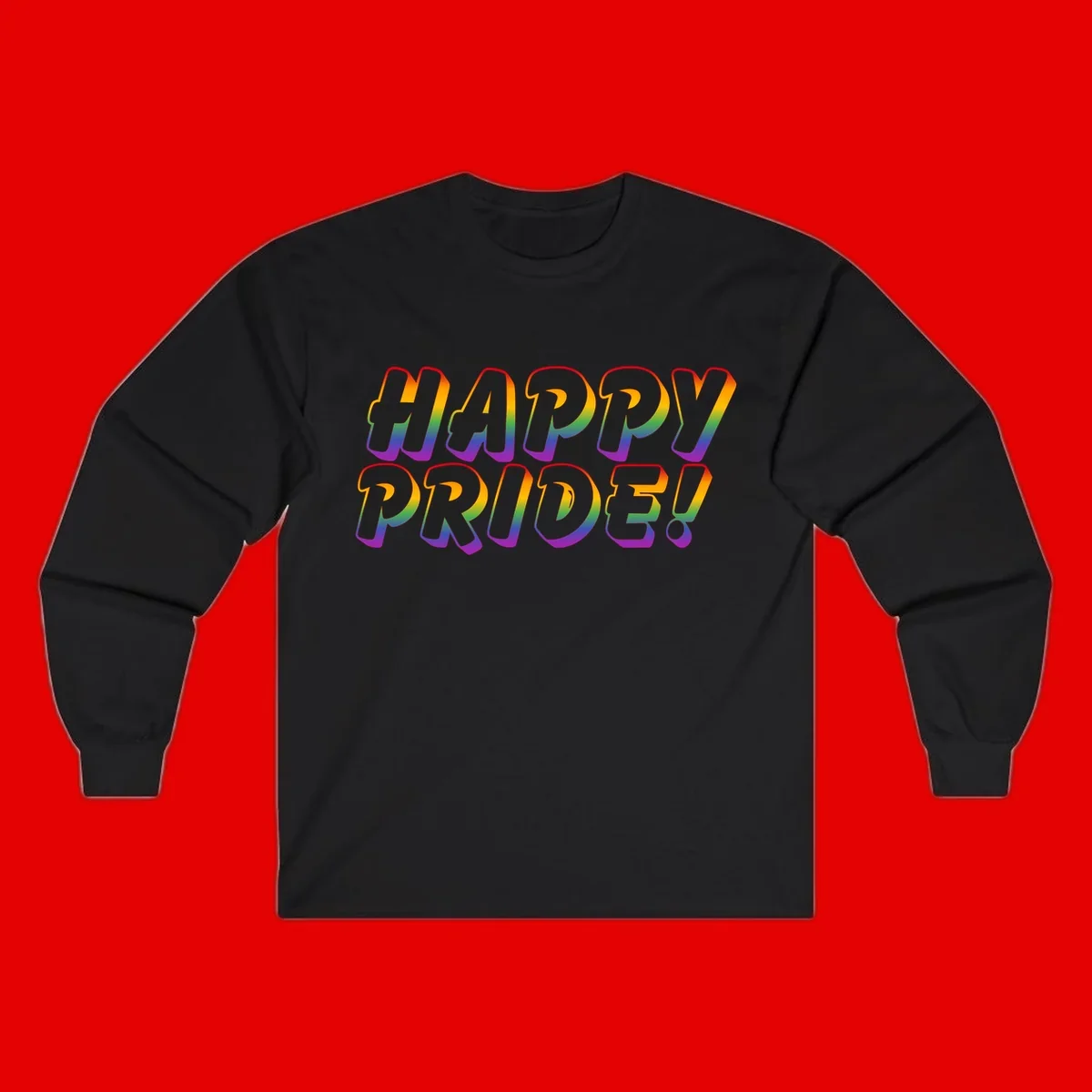 Happy pride rainbow text design with gradient colors transitioning from red to purple in bold typography