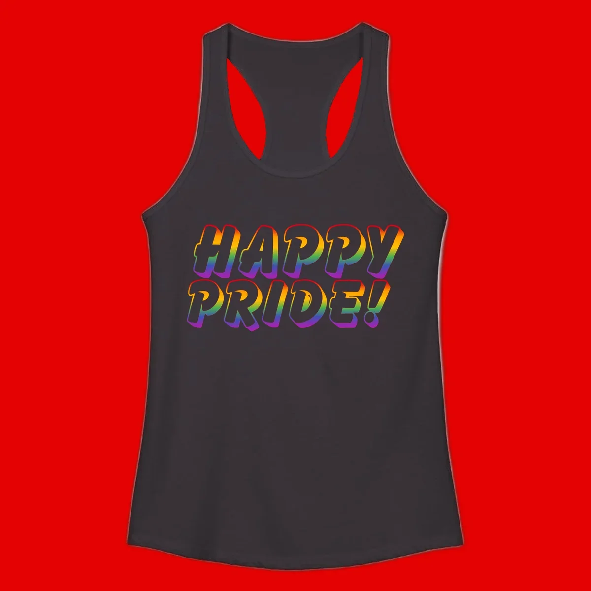 Happy pride rainbow text design with gradient colors transitioning from red to purple in bold typography
