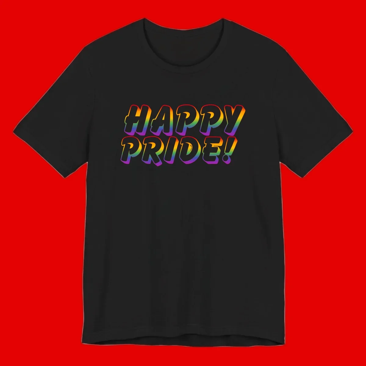 Happy pride rainbow text design with gradient colors transitioning from red to purple in bold typography