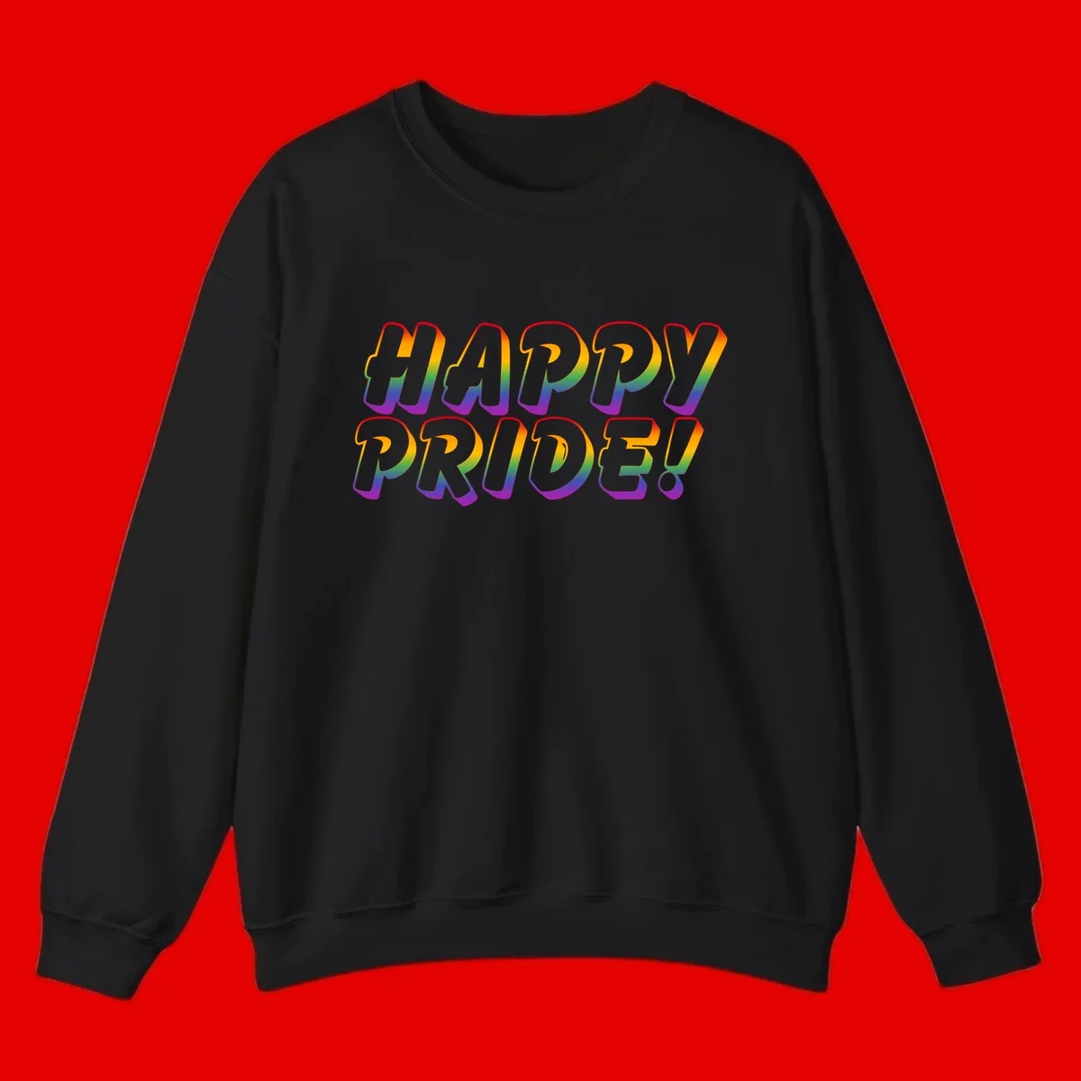 Happy pride rainbow text design with gradient colors transitioning from red to purple in bold typography