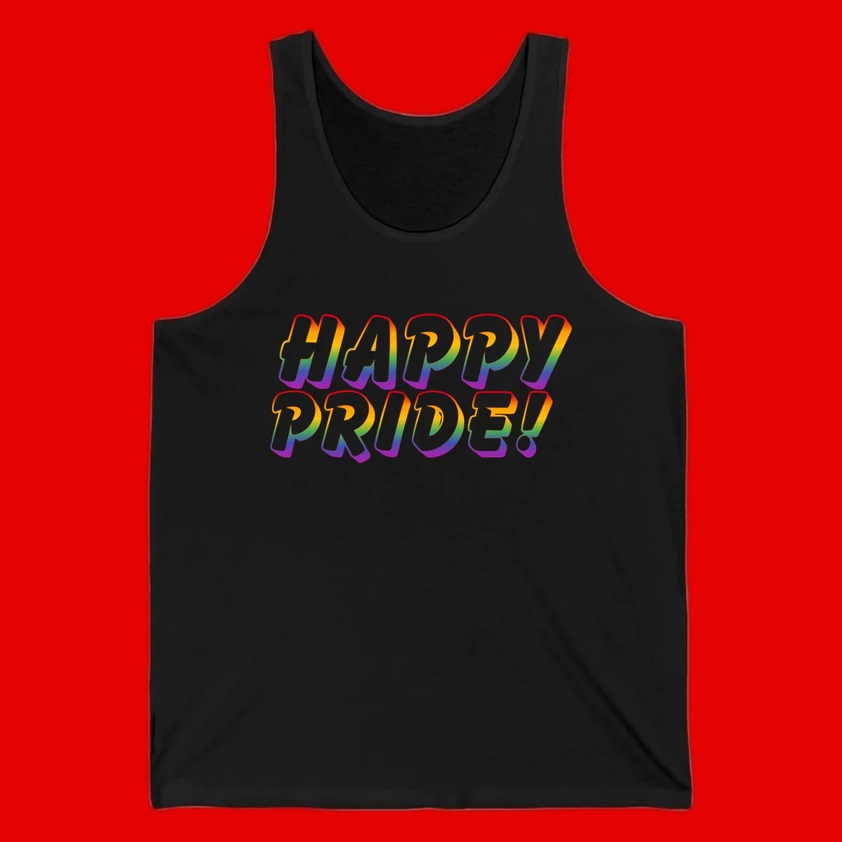 Happy pride rainbow text design with gradient colors transitioning from red to purple in bold typography