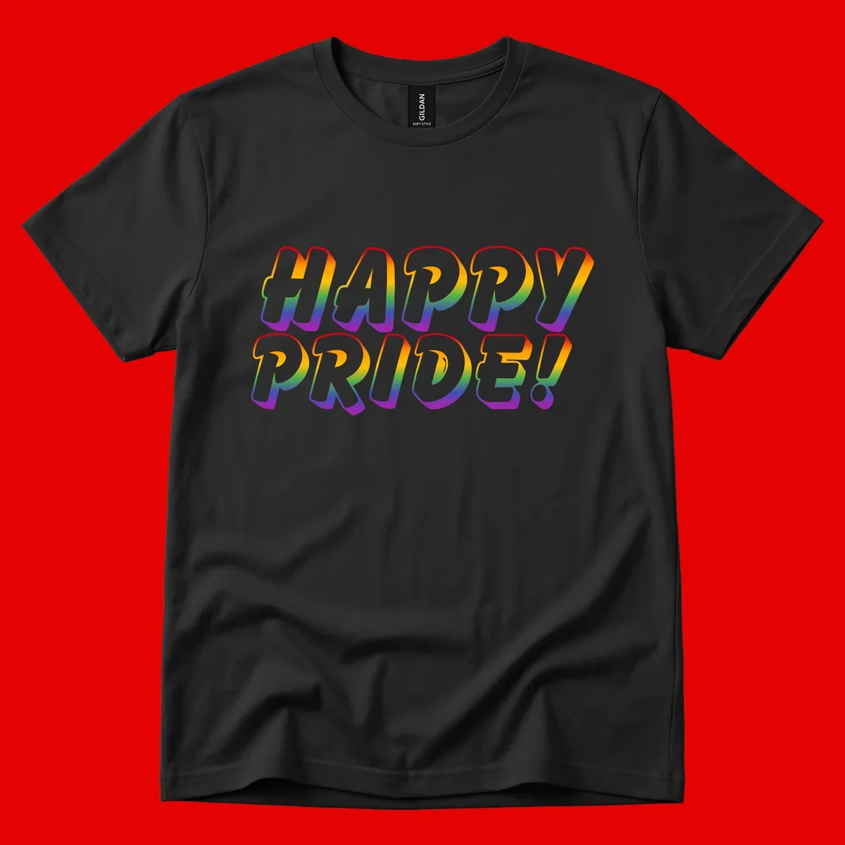 Happy pride rainbow text design with gradient colors transitioning from red to purple in bold typography