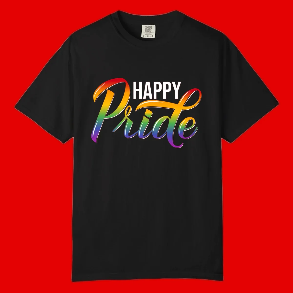 Happy Pride rainbow gradient typography design with white outlines on gray background
