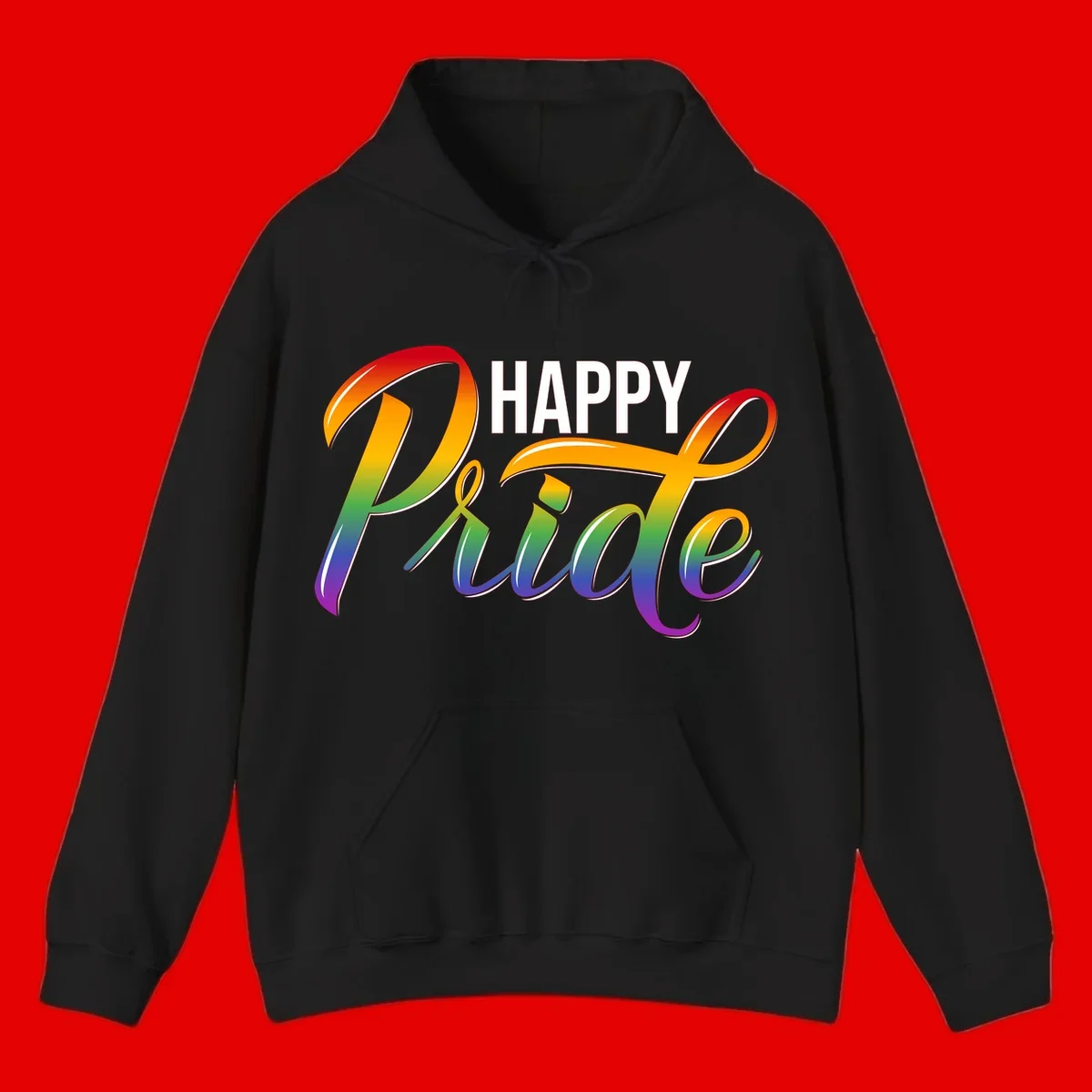 Happy Pride rainbow gradient typography design with white outlines on gray background