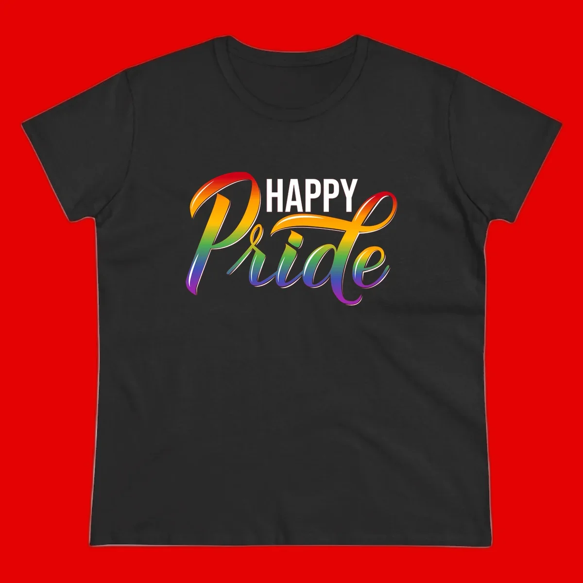 Happy Pride rainbow gradient typography design with white outlines on gray background