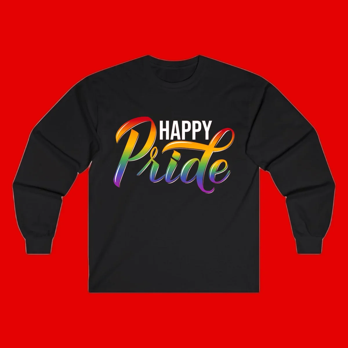 Happy Pride rainbow gradient typography design with white outlines on gray background