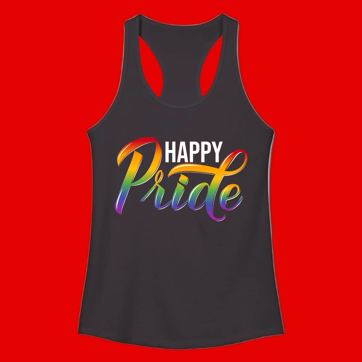 Happy Pride rainbow gradient typography design with white outlines on gray background
