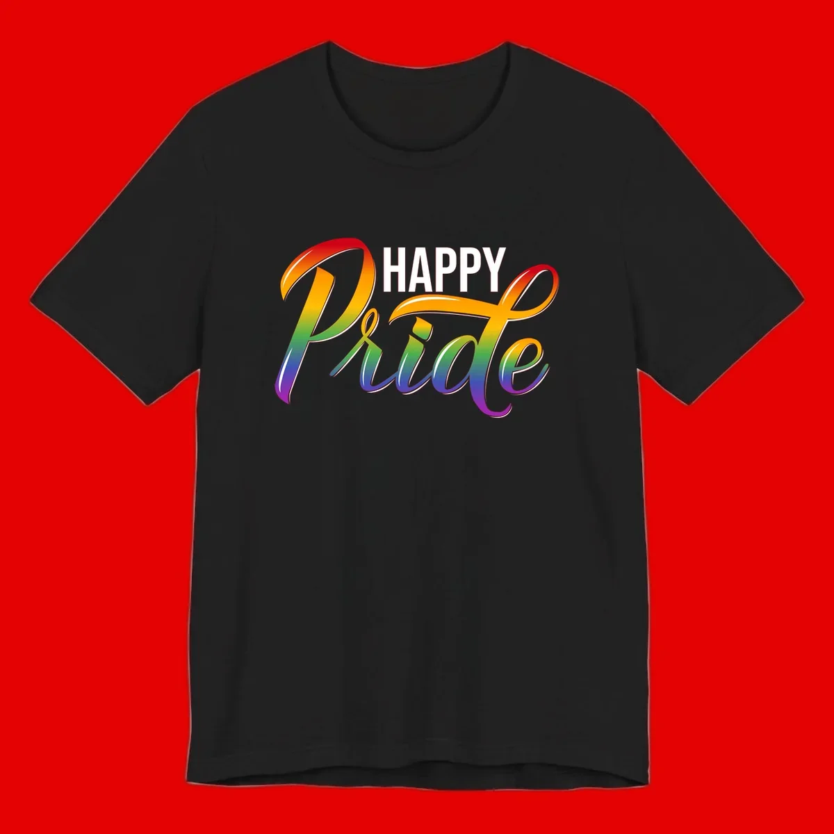 Happy Pride rainbow gradient typography design with white outlines on gray background