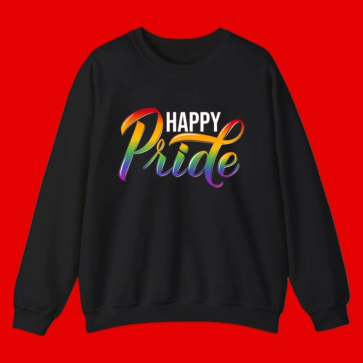 Happy Pride rainbow gradient typography design with white outlines on gray background