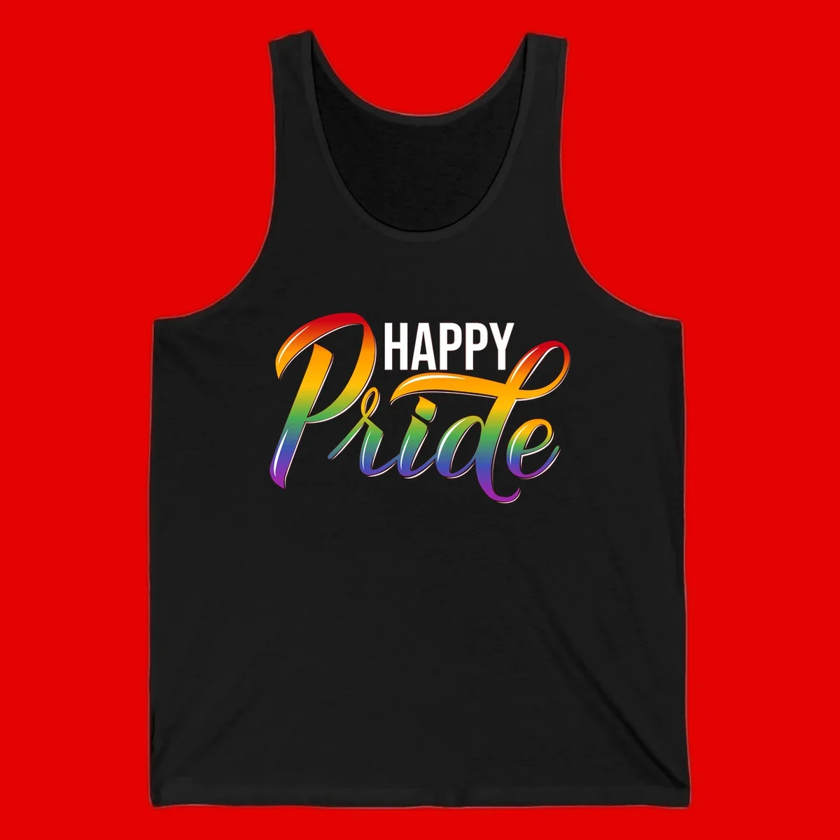 Happy Pride rainbow gradient typography design with white outlines on gray background
