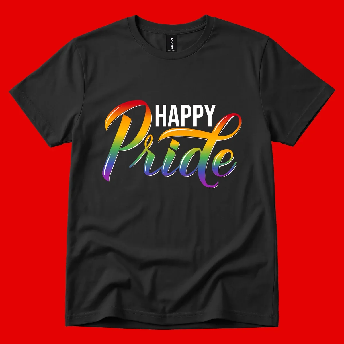 Happy Pride rainbow gradient typography design with white outlines on gray background