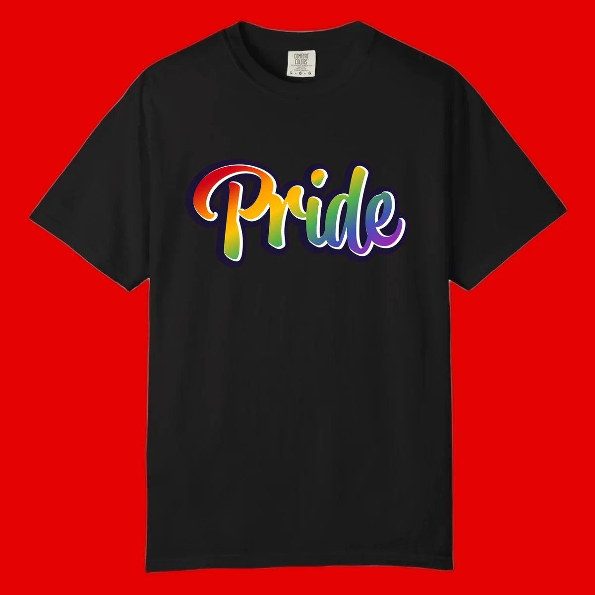 Pride rainbow script lettering with vibrant gradient fill from red to purple, featuring white outline and navy shadow effect