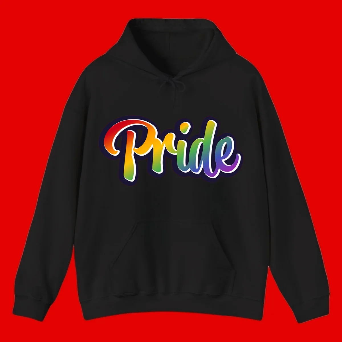 Pride rainbow script lettering with vibrant gradient fill from red to purple, featuring white outline and navy shadow effect
