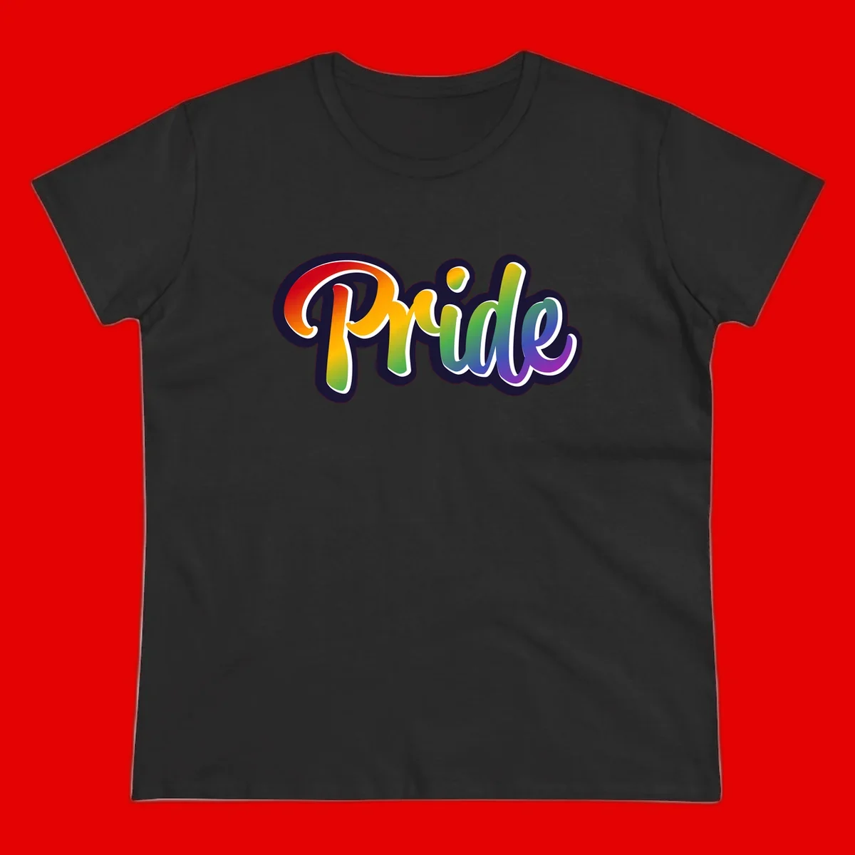 Pride rainbow script lettering with vibrant gradient fill from red to purple, featuring white outline and navy shadow effect