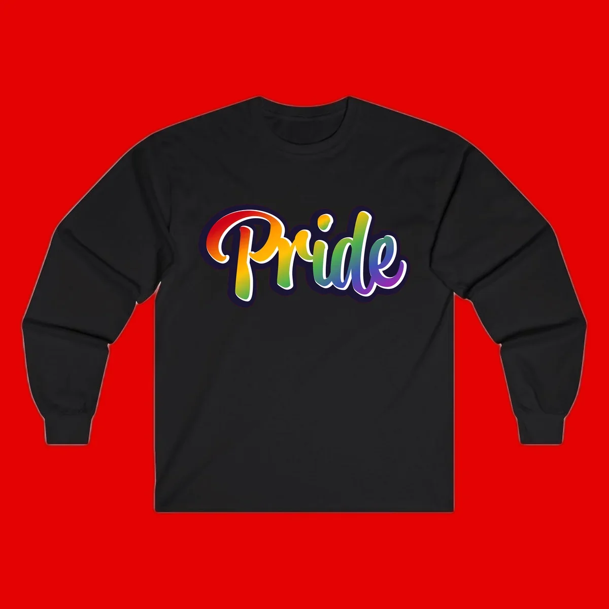 Pride rainbow script lettering with vibrant gradient fill from red to purple, featuring white outline and navy shadow effect