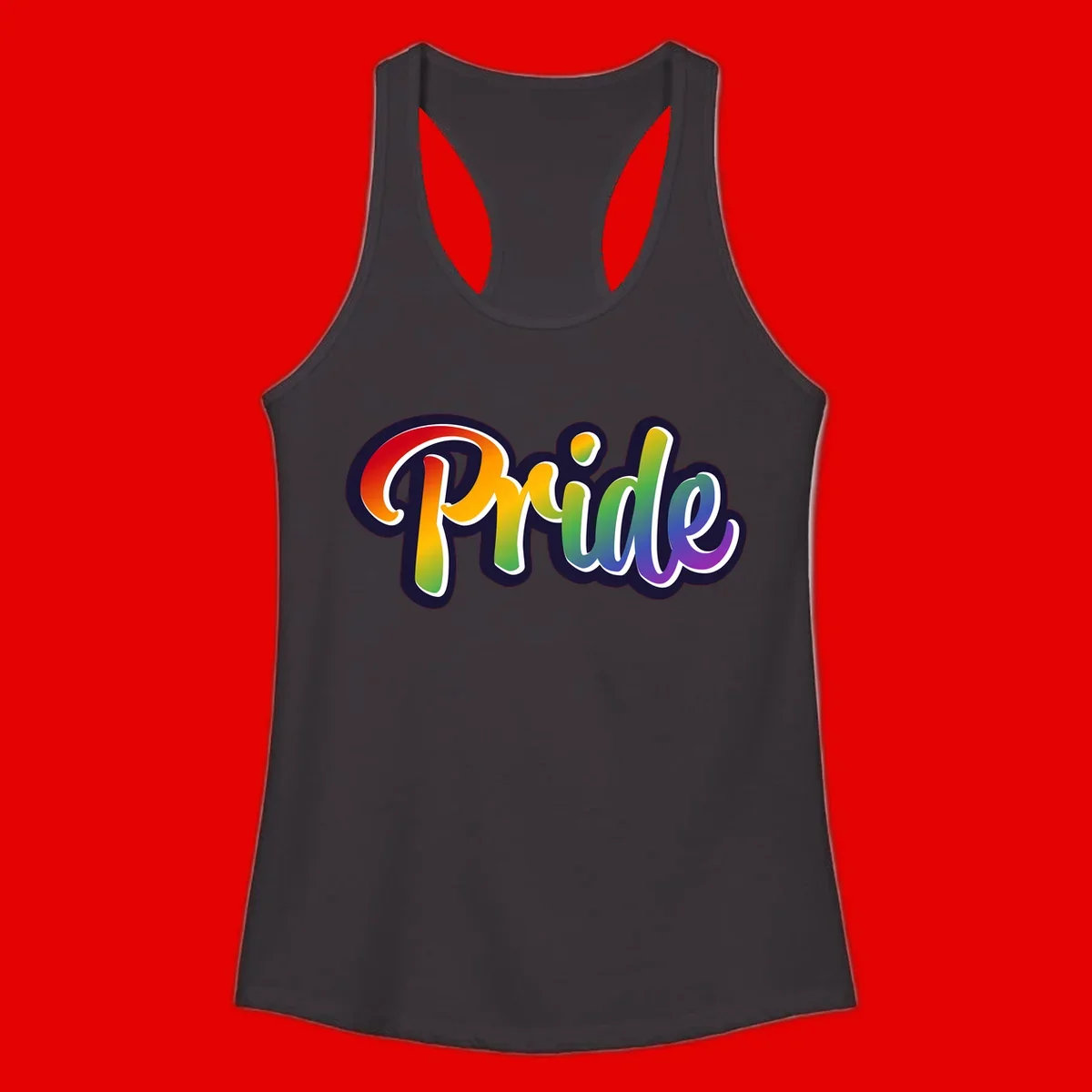 Pride rainbow script lettering with vibrant gradient fill from red to purple, featuring white outline and navy shadow effect