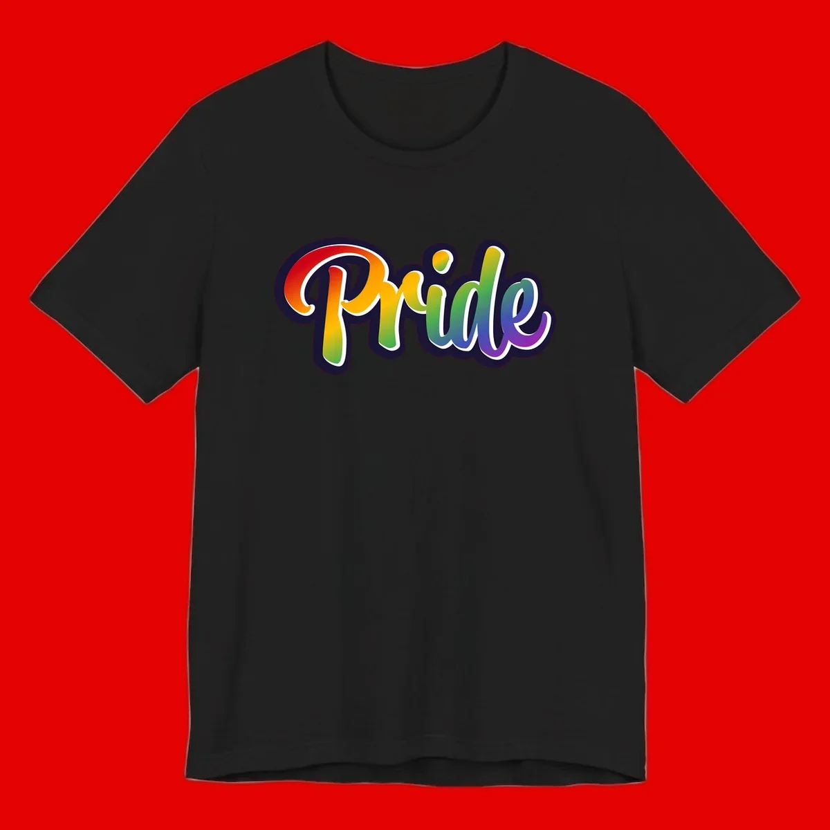 Pride rainbow script lettering with vibrant gradient fill from red to purple, featuring white outline and navy shadow effect