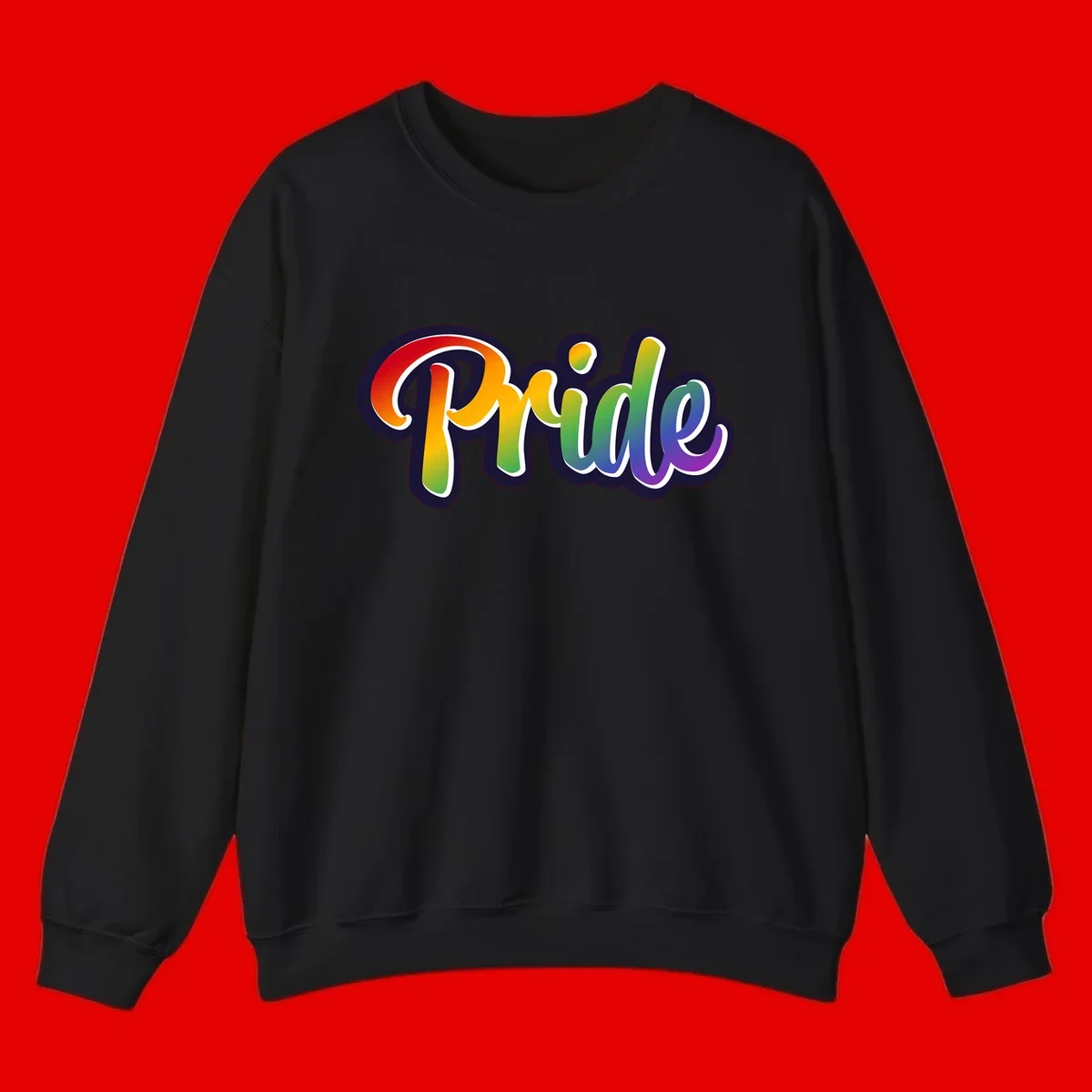 Pride rainbow script lettering with vibrant gradient fill from red to purple, featuring white outline and navy shadow effect