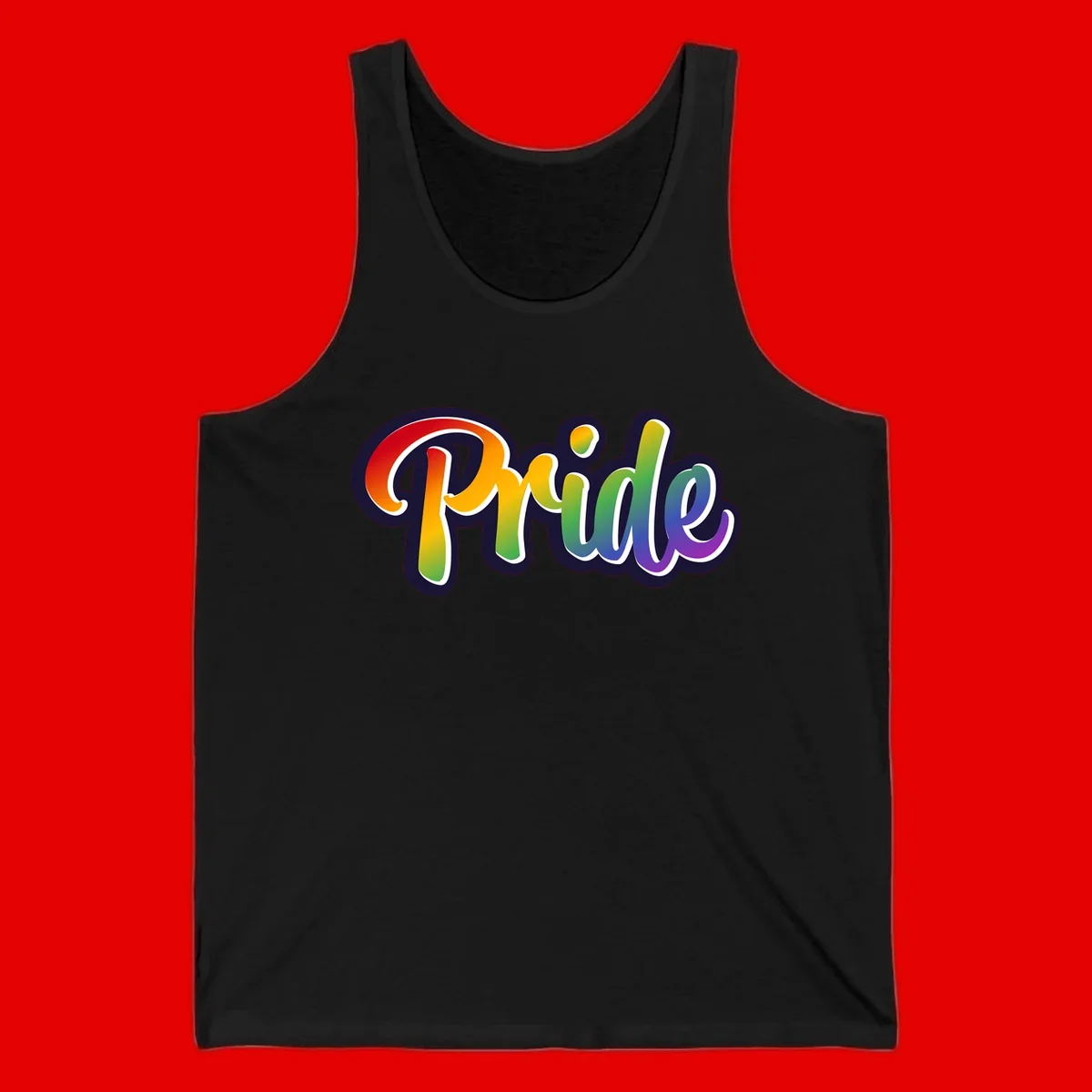 Pride rainbow script lettering with vibrant gradient fill from red to purple, featuring white outline and navy shadow effect