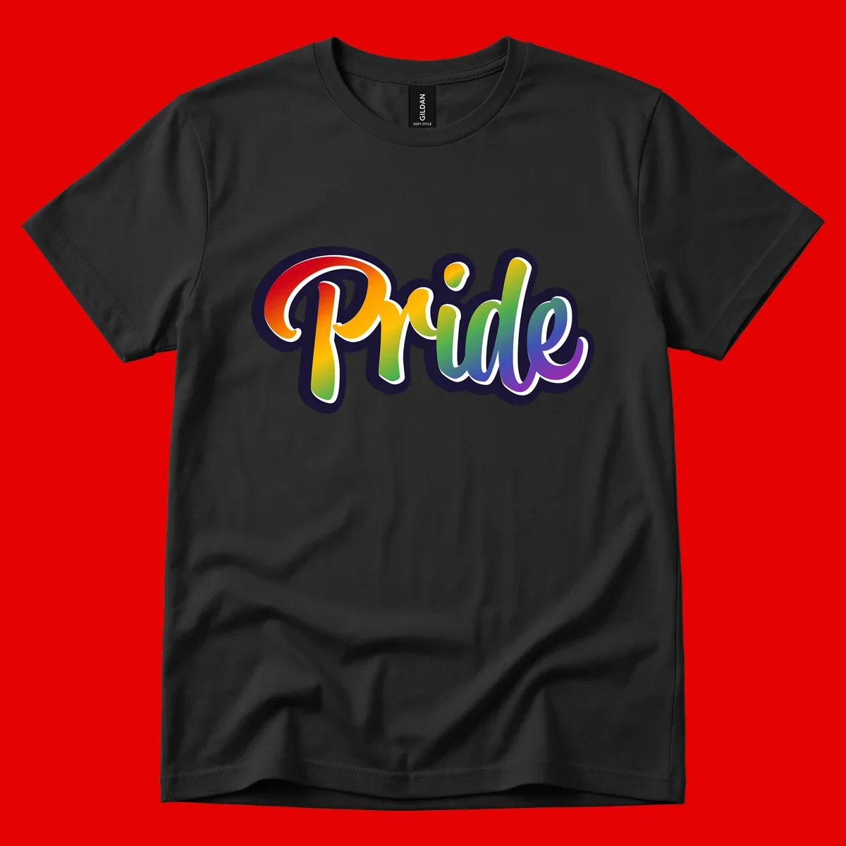 Pride rainbow script lettering with vibrant gradient fill from red to purple, featuring white outline and navy shadow effect