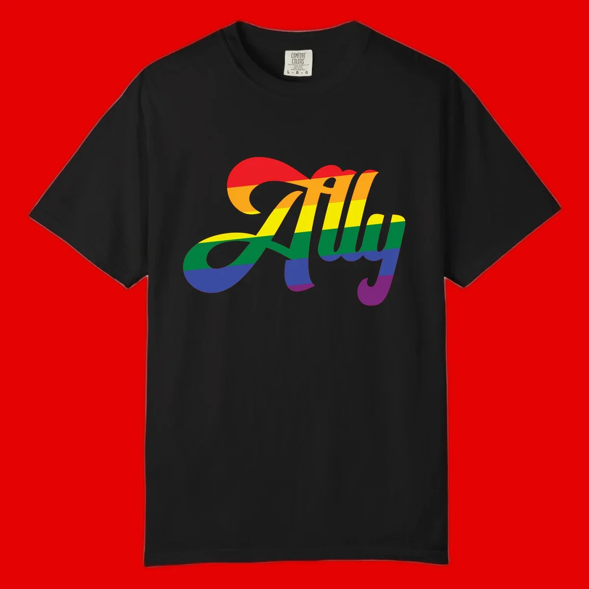 Rainbow pride joy design with striped cursive lettering and colorful sun motif