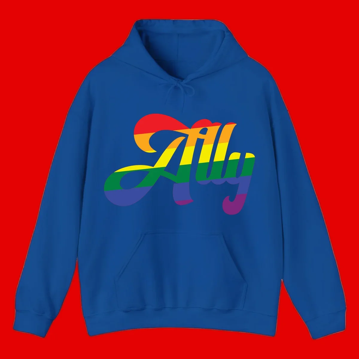 Rainbow pride joy design with striped cursive lettering and colorful sun motif