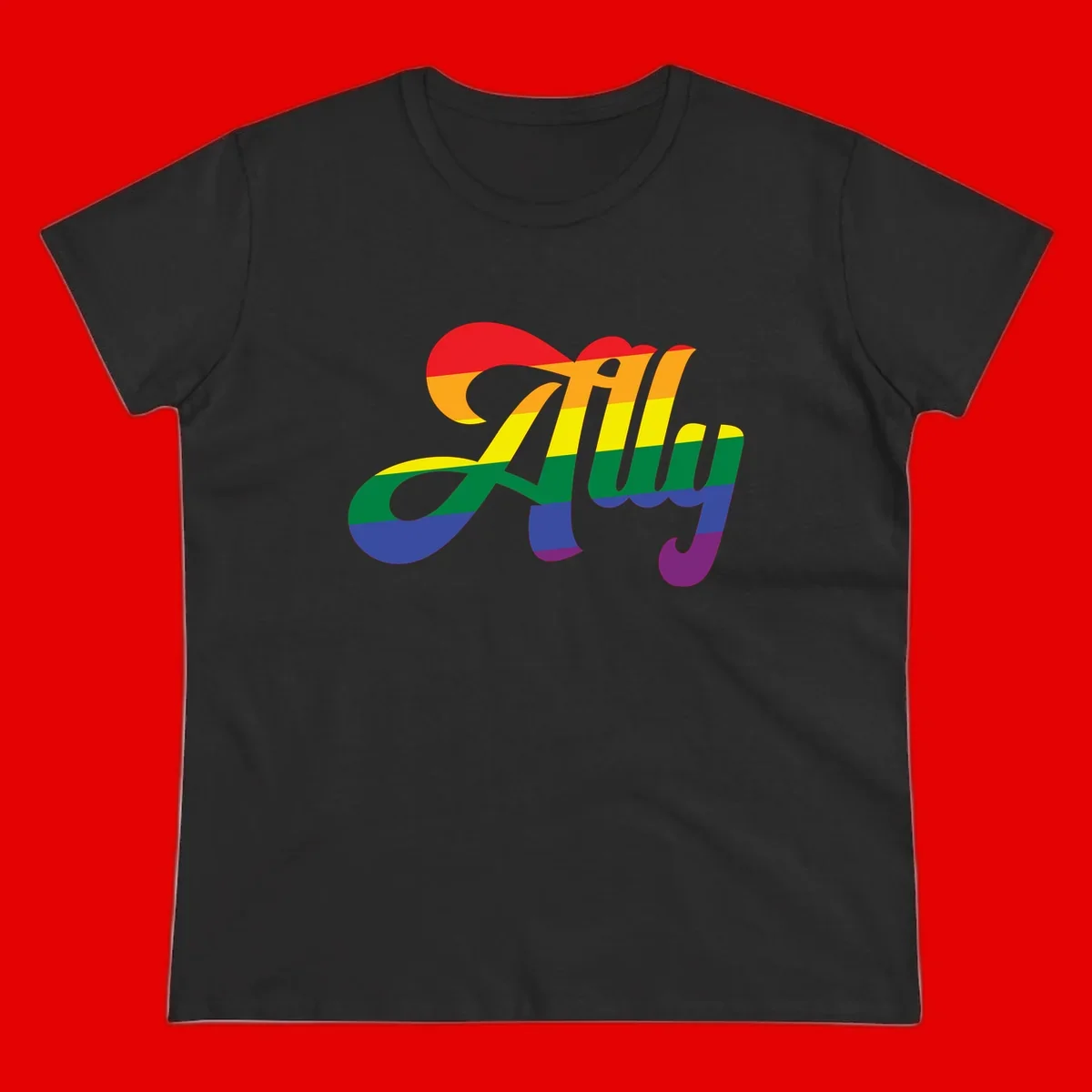 Rainbow pride joy design with striped cursive lettering and colorful sun motif