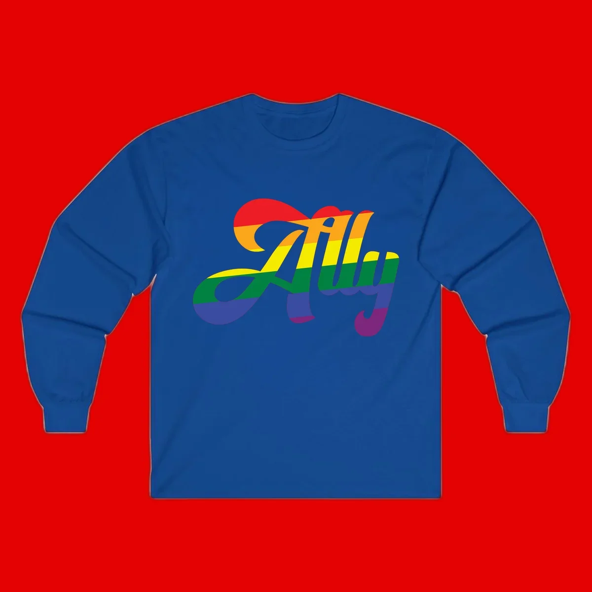 Rainbow pride joy design with striped cursive lettering and colorful sun motif