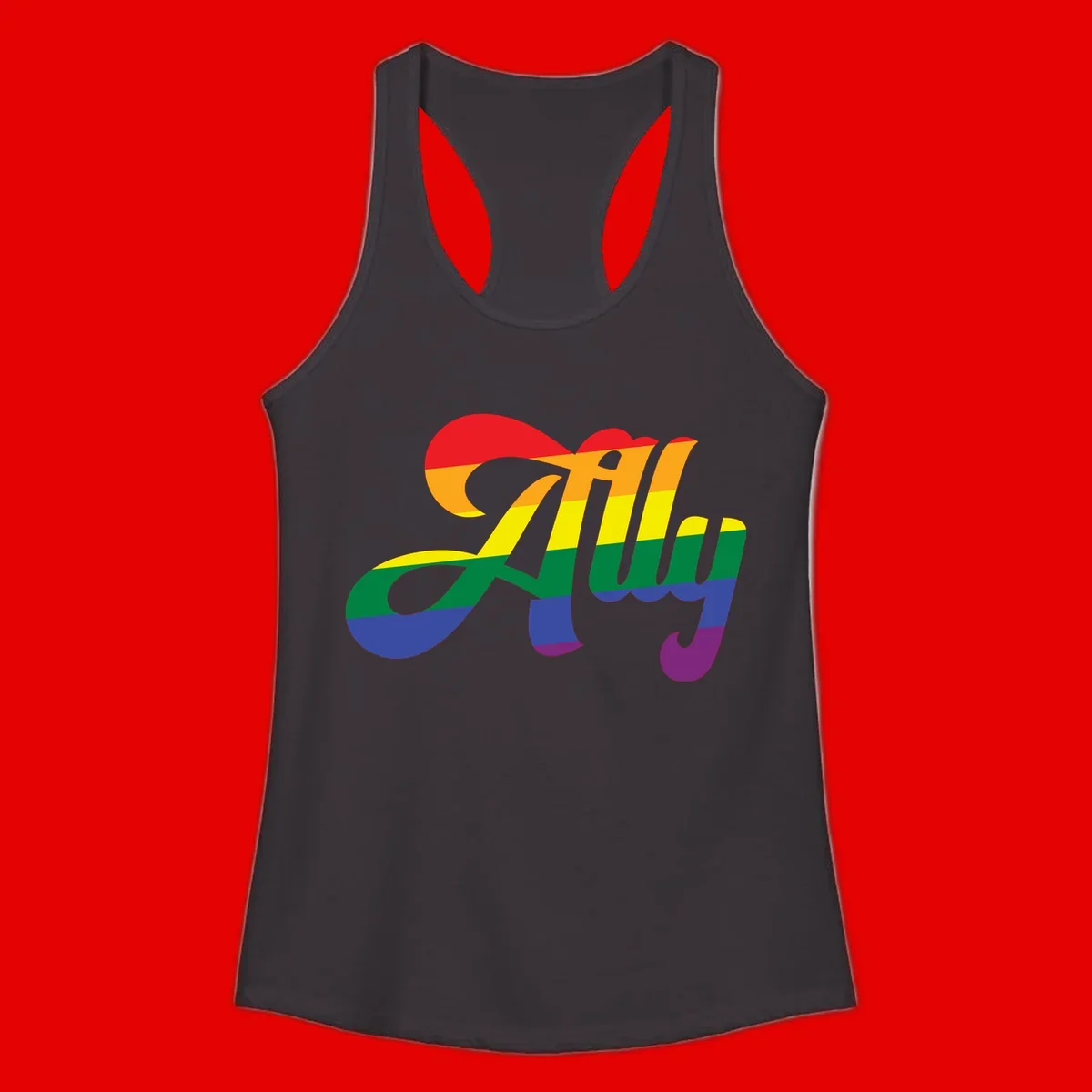 Rainbow pride joy design with striped cursive lettering and colorful sun motif