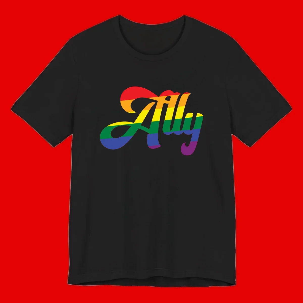 Rainbow pride joy design with striped cursive lettering and colorful sun motif