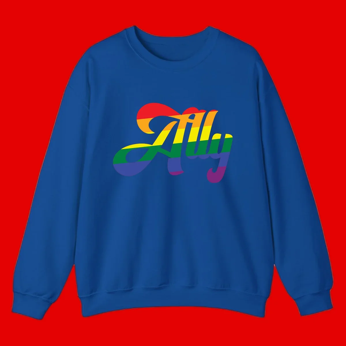 Rainbow pride joy design with striped cursive lettering and colorful sun motif