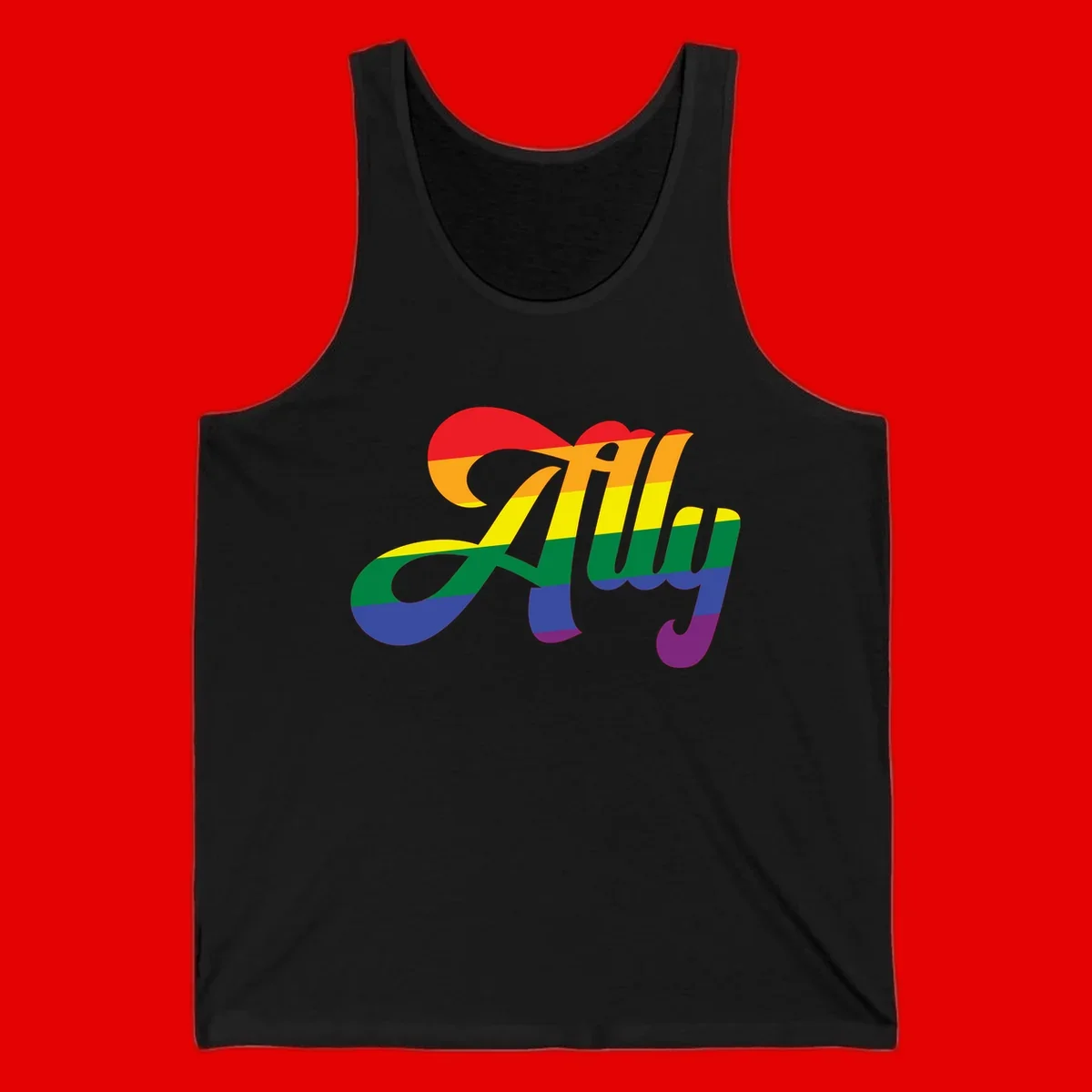 Rainbow pride joy design with striped cursive lettering and colorful sun motif