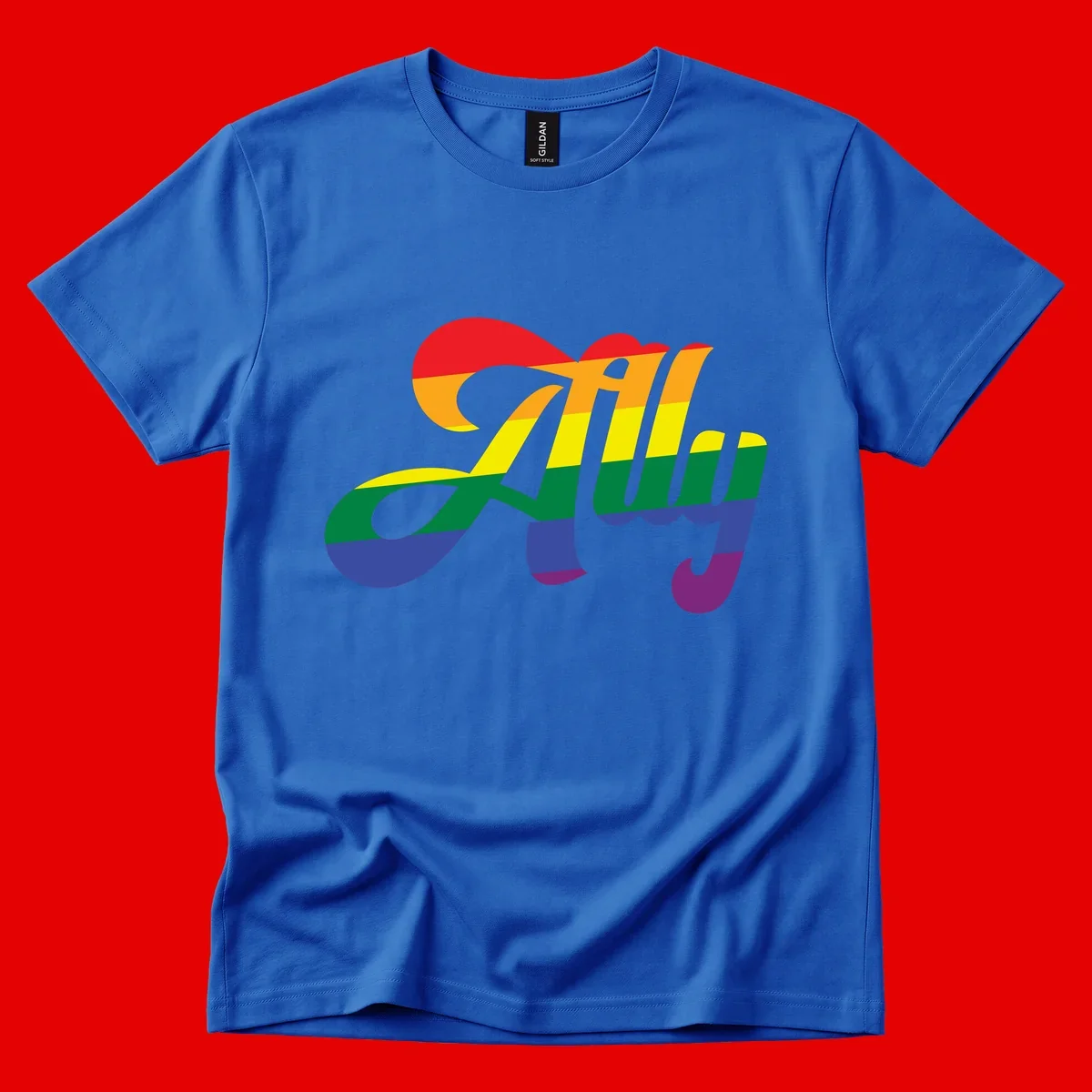 Rainbow pride joy design with striped cursive lettering and colorful sun motif