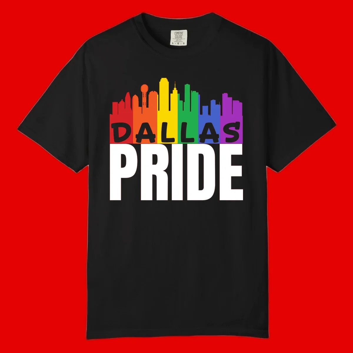 Dallas skyline in rainbow Pride colors with gray 'DALLAS PRIDE' text on white background