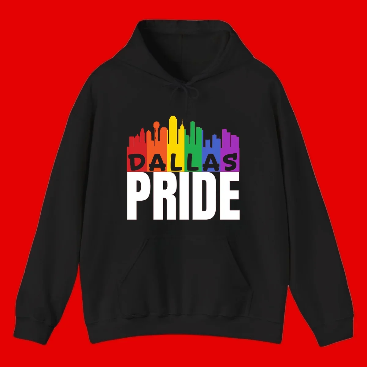 Dallas skyline in rainbow Pride colors with gray 'DALLAS PRIDE' text on white background