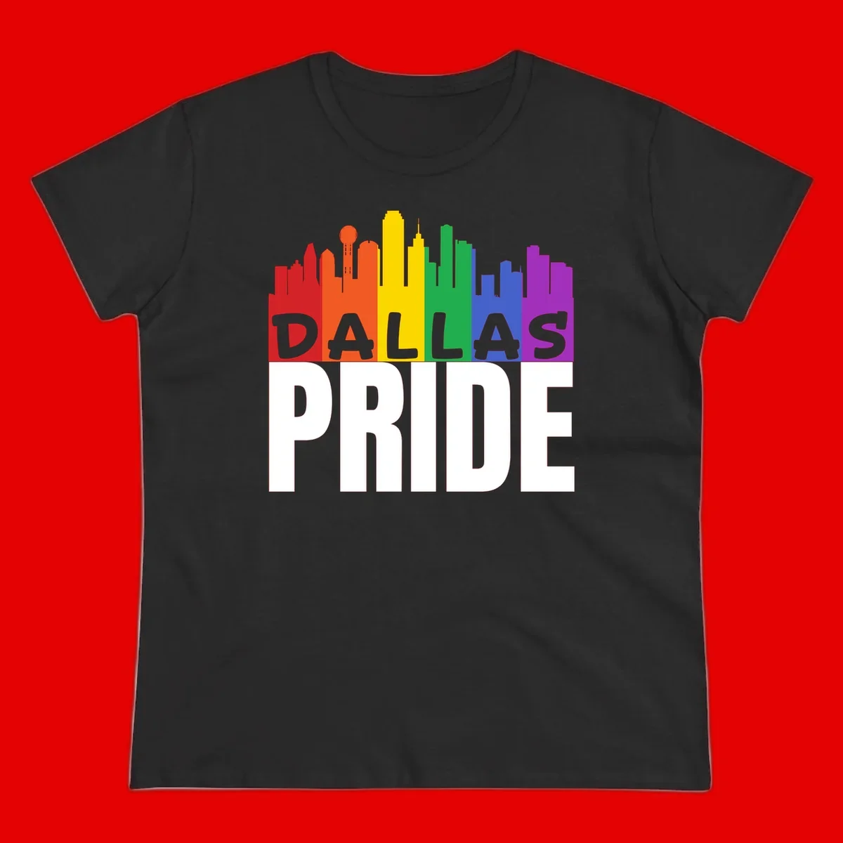 Dallas skyline in rainbow Pride colors with gray 'DALLAS PRIDE' text on white background