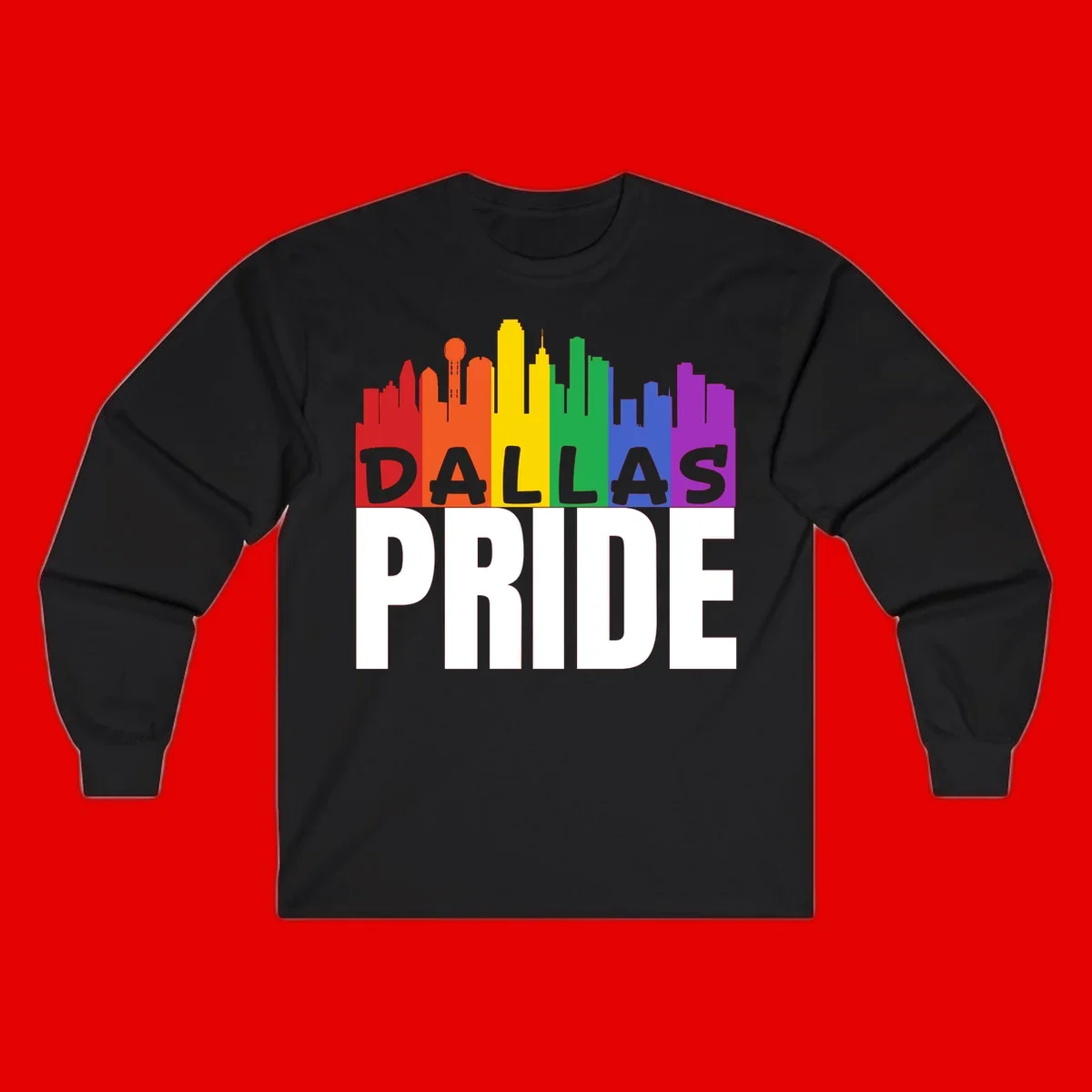 Dallas skyline in rainbow Pride colors with gray 'DALLAS PRIDE' text on white background