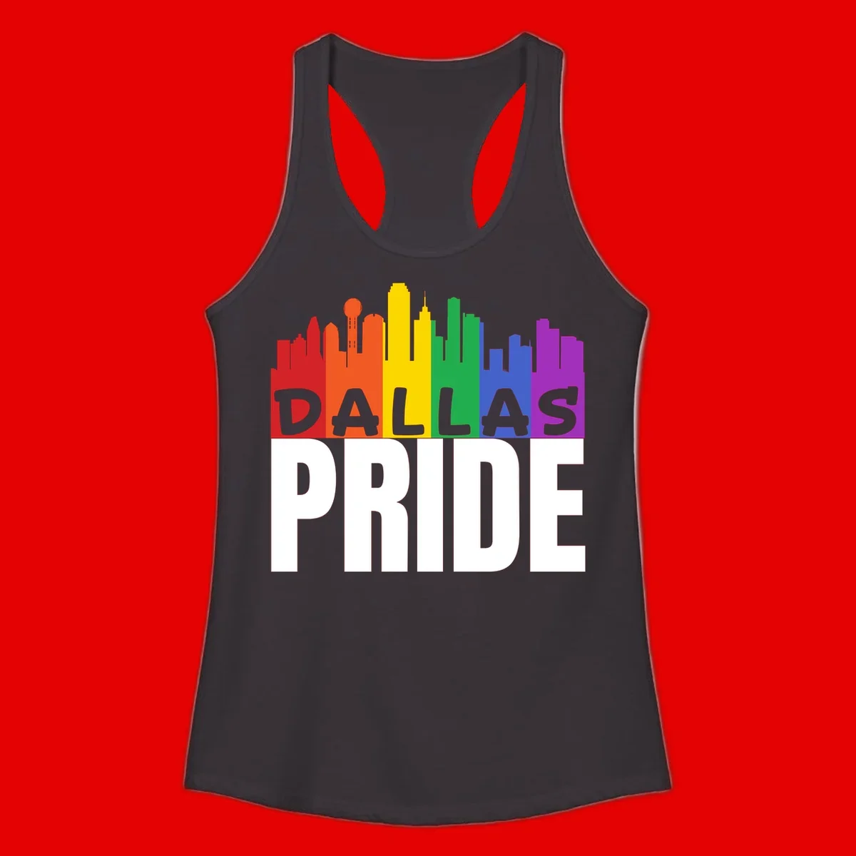 Dallas skyline in rainbow Pride colors with gray 'DALLAS PRIDE' text on white background