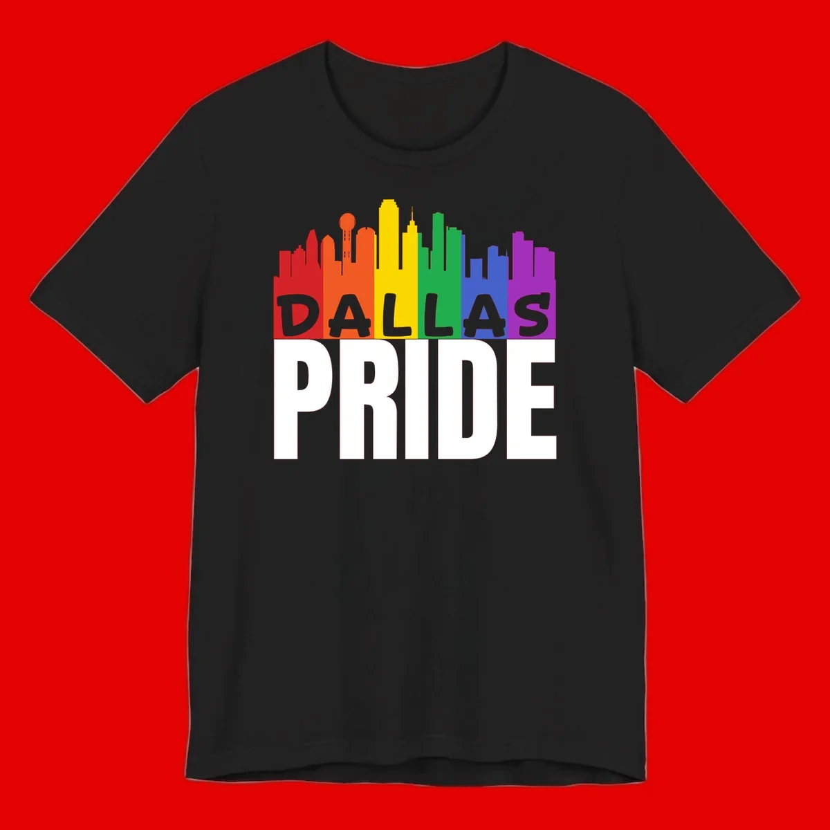 Dallas skyline in rainbow Pride colors with gray 'DALLAS PRIDE' text on white background