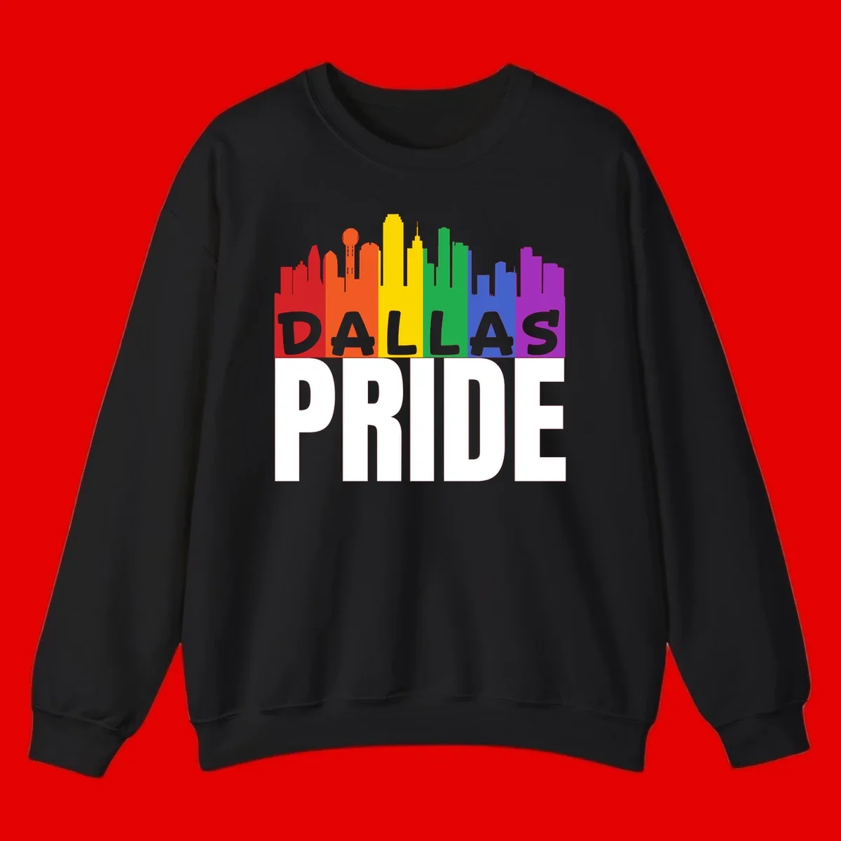 Dallas skyline in rainbow Pride colors with gray 'DALLAS PRIDE' text on white background