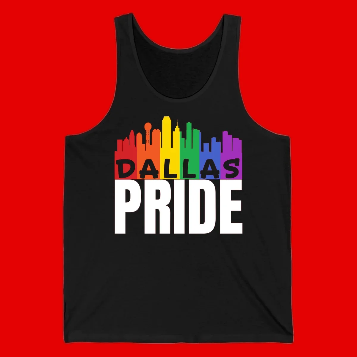 Dallas skyline in rainbow Pride colors with gray 'DALLAS PRIDE' text on white background