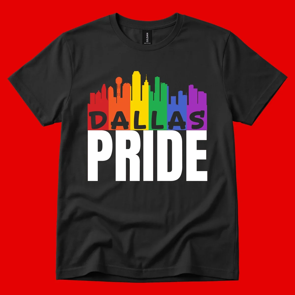 Dallas skyline in rainbow Pride colors with gray 'DALLAS PRIDE' text on white background