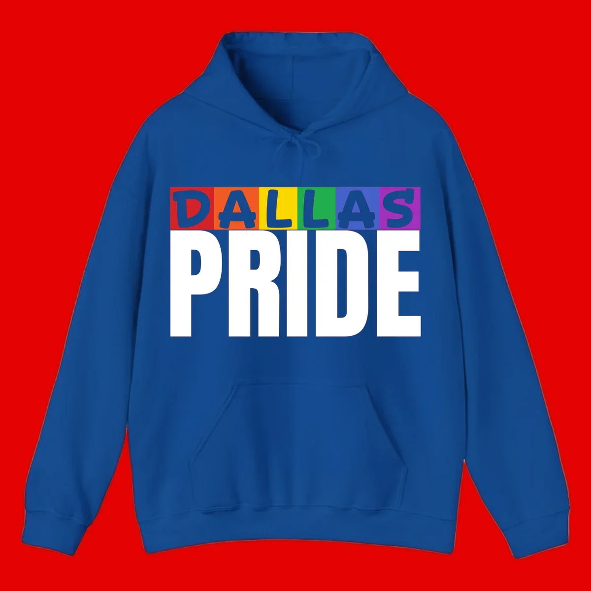 Dallas Pride rainbow design with colorful letters spelling DALLAS above white PRIDE text