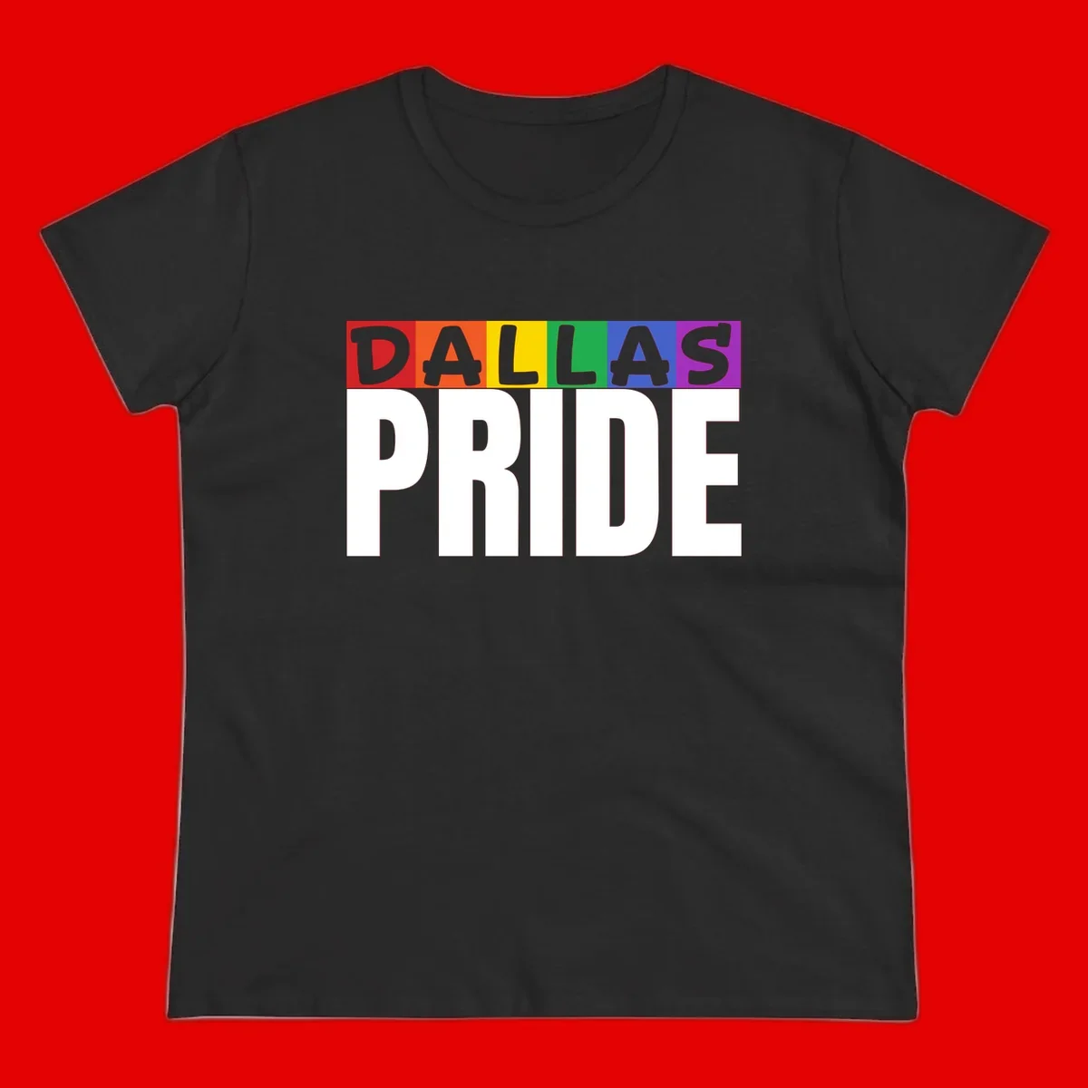 Dallas Pride rainbow design with colorful letters spelling DALLAS above white PRIDE text