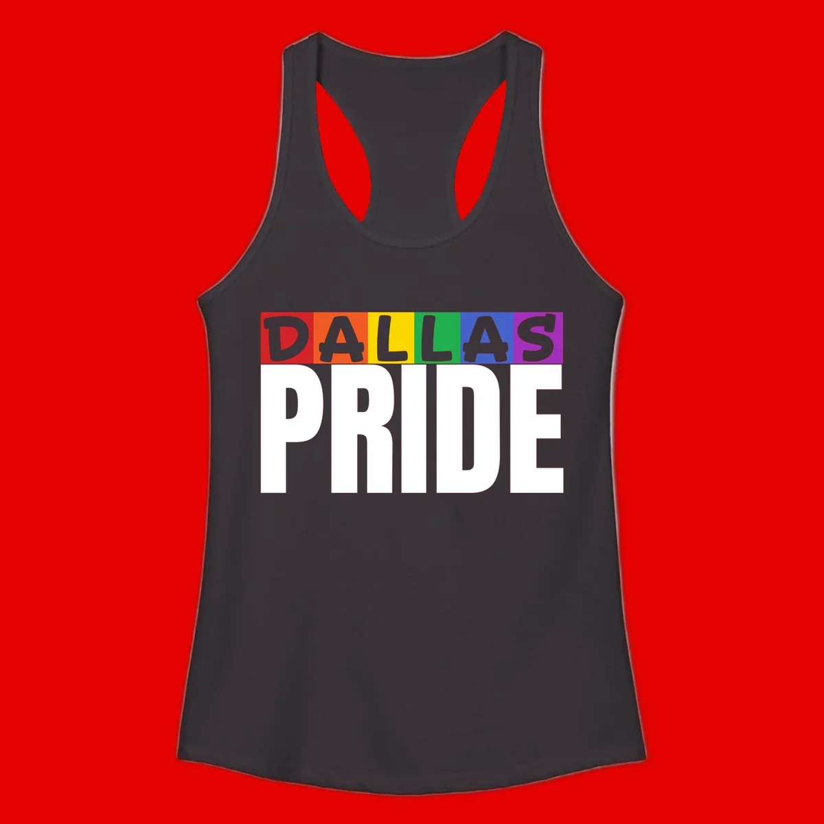Dallas Pride rainbow design with colorful letters spelling DALLAS above white PRIDE text