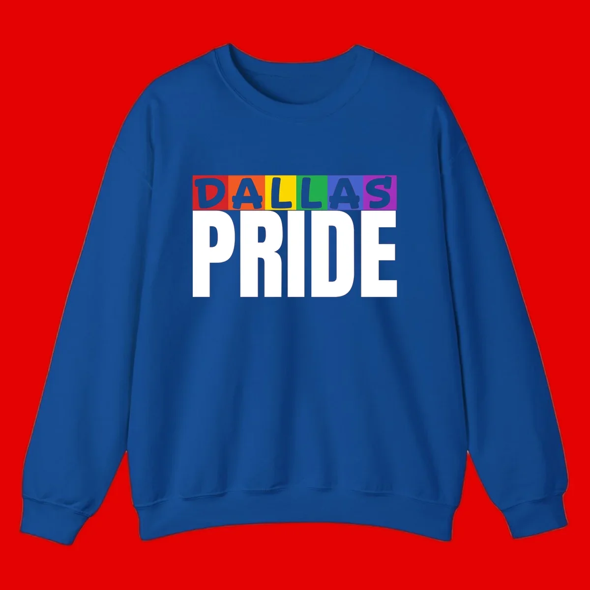 Dallas Pride rainbow design with colorful letters spelling DALLAS above white PRIDE text